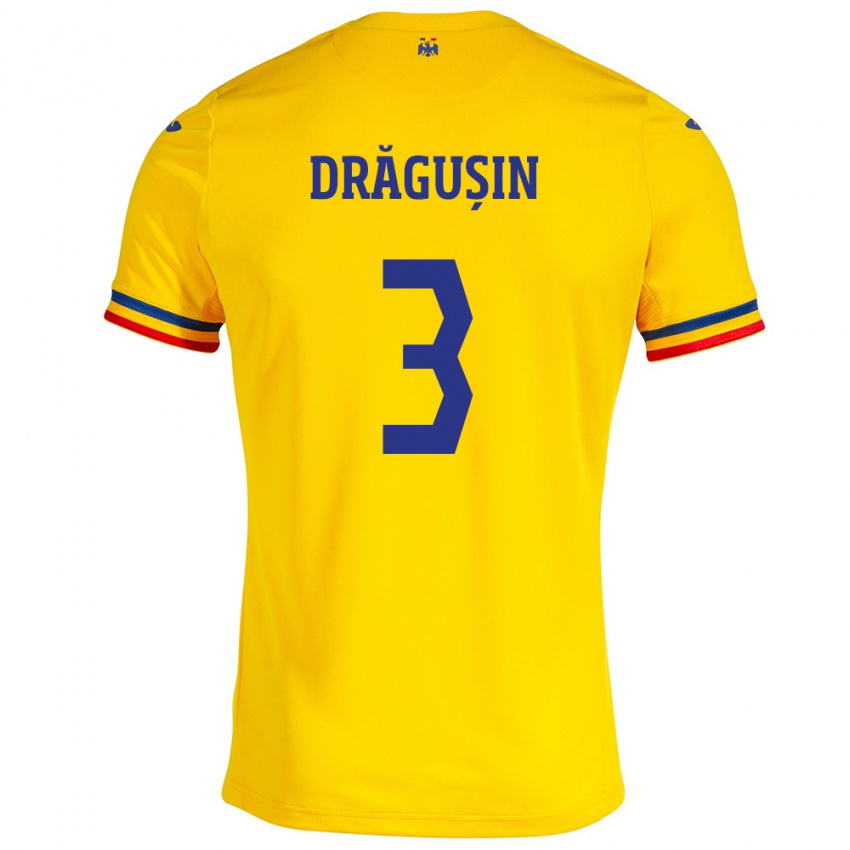 Hombre Camiseta Rumania Radu Drăgușin #3 Amarillo 1ª Equipación 24-26 La Camisa