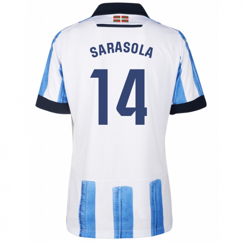 Mujer Camiseta Izarne Sarasola Beain #14 Azul Blanco 1ª Equipación 2023/24 La Camisa