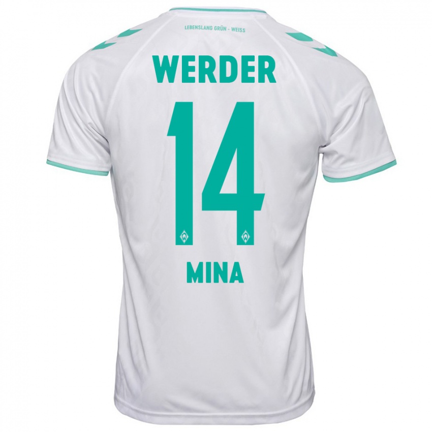 Mujer Camiseta Johan Mina #14 Blanco 2ª Equipación 2023/24 La Camisa