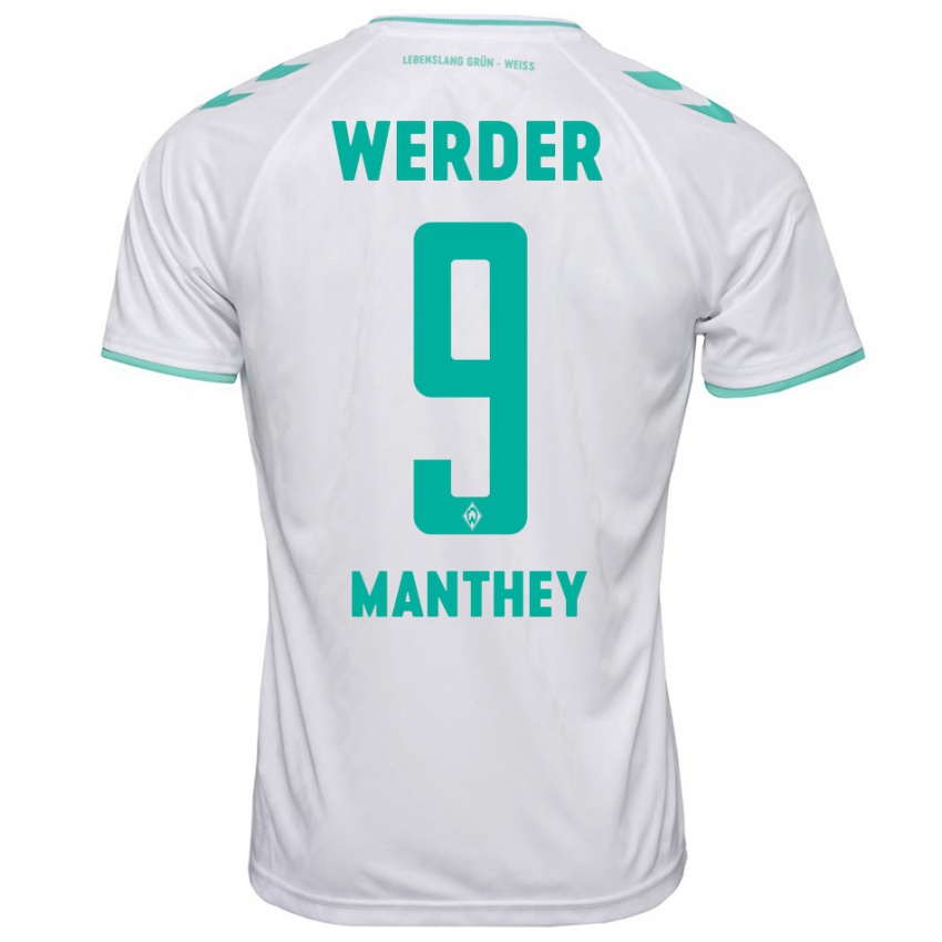 Mujer Camiseta Kevin Manthey #9 Blanco 2ª Equipación 2023/24 La Camisa