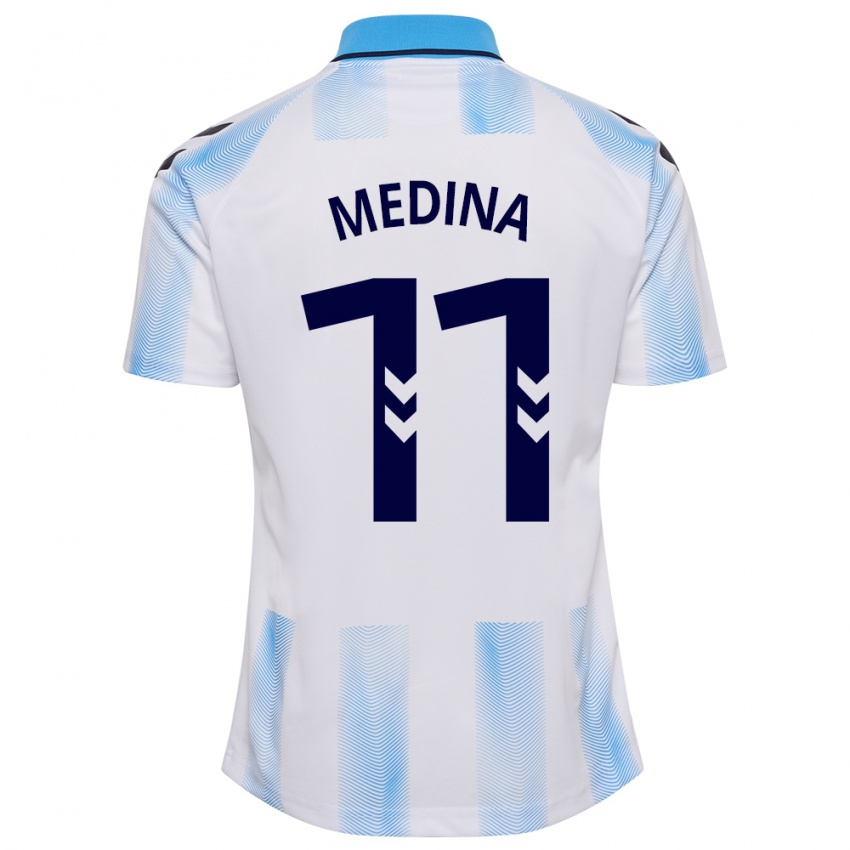 Hombre Camiseta Kevin Medina #11 Blanco Azul 1ª Equipación 2023/24 La Camisa