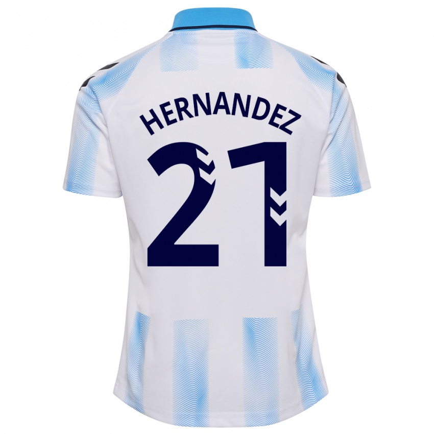 Hombre Camiseta Juan Hernández #21 Blanco Azul 1ª Equipación 2023/24 La Camisa