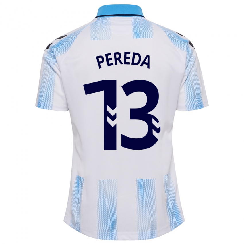 Hombre Camiseta Adrián Pereda #13 Blanco Azul 1ª Equipación 2023/24 La Camisa