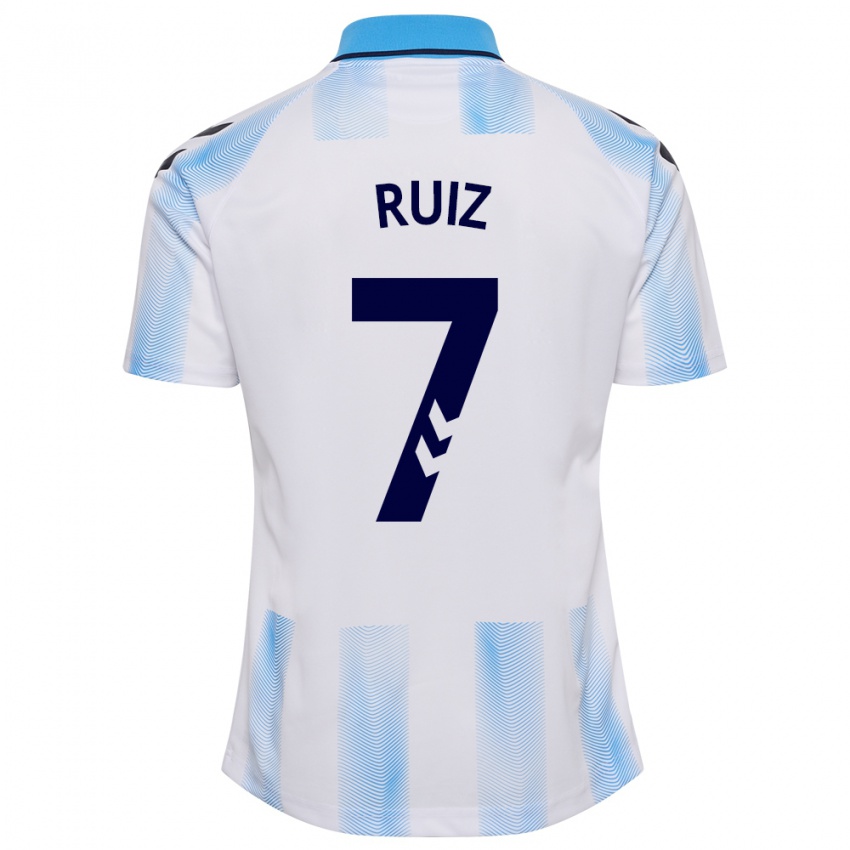 Hombre Camiseta María Ruiz #7 Blanco Azul 1ª Equipación 2023/24 La Camisa
