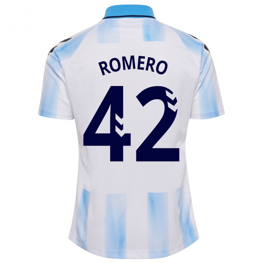 Hombre Camiseta Andrea Romero #42 Blanco Azul 1ª Equipación 2023/24 La Camisa