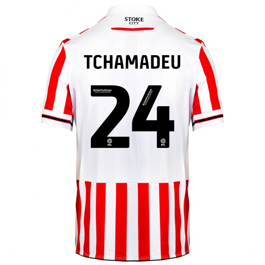 Hombre Camiseta Junior Tchamadeu #24 Rojo Blanco 1ª Equipación 2023/24 La Camisa