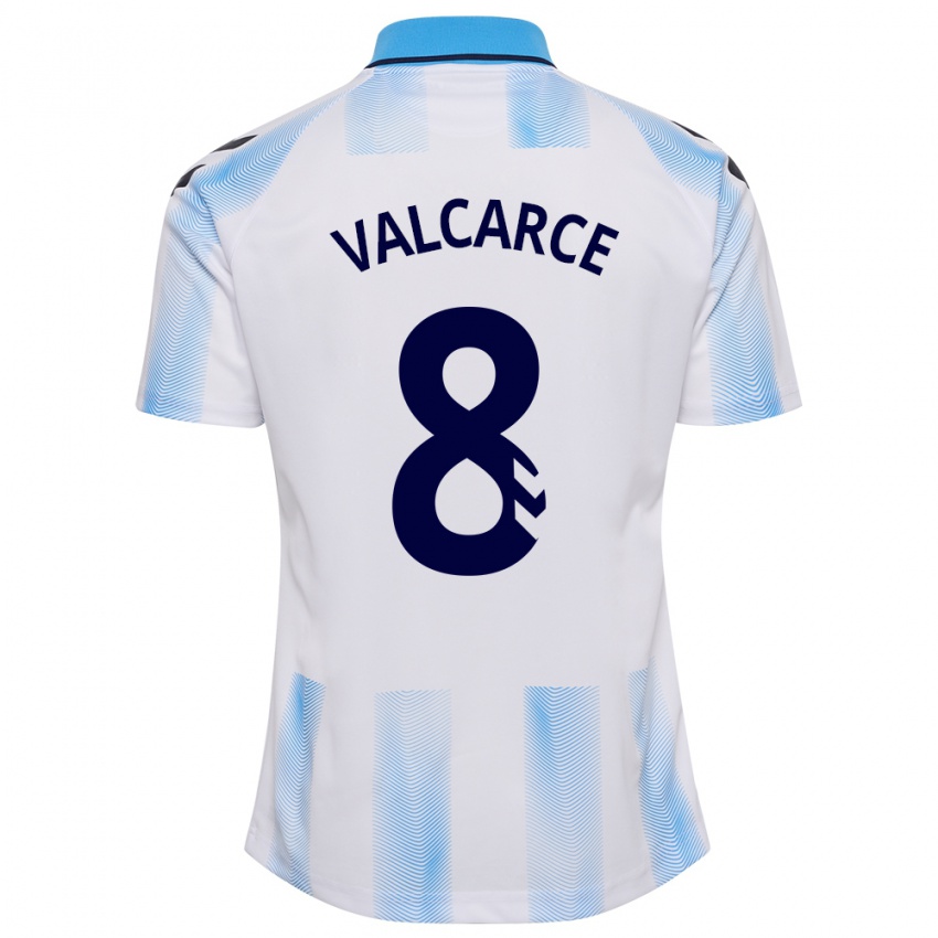 Mujer Camiseta Alejandro Valcarce #8 Blanco Azul 1ª Equipación 2023/24 La Camisa