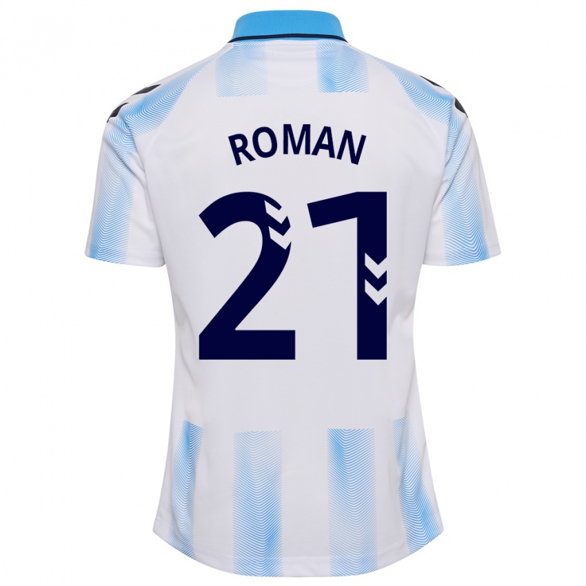 Mujer Camiseta Samu Román #21 Blanco Azul 1ª Equipación 2023/24 La Camisa