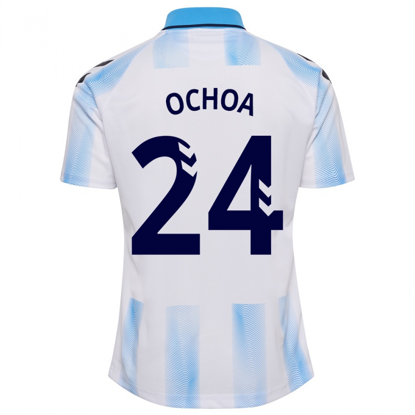 Mujer Camiseta Aarón Ochoa #24 Blanco Azul 1ª Equipación 2023/24 La Camisa