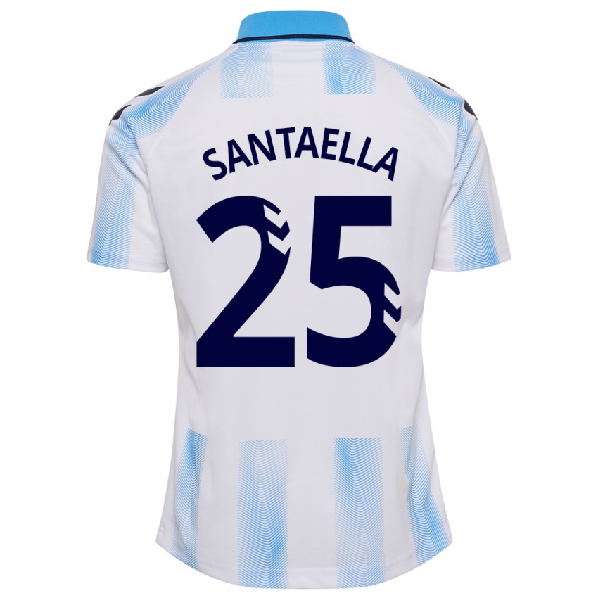 Mujer Camiseta Miguel Ángel Santaella #25 Blanco Azul 1ª Equipación 2023/24 La Camisa