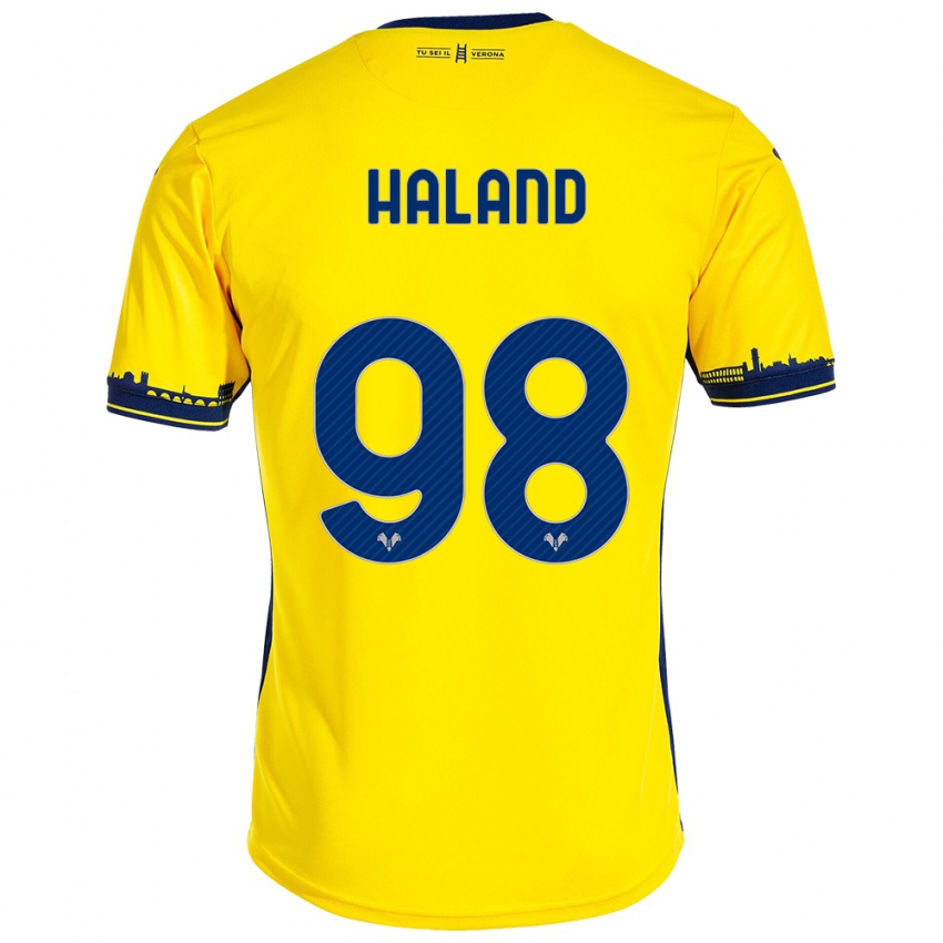 Mujer Camiseta Benedicte Iversen Håland #98 Amarillo 2ª Equipación 2023/24 La Camisa