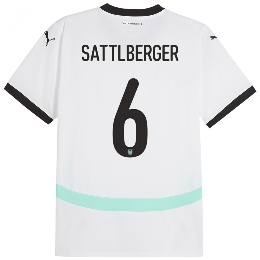 Niño Camiseta Austria Nikolas Sattlberger #6 Blanco 2ª Equipación 24-26 La Camisa