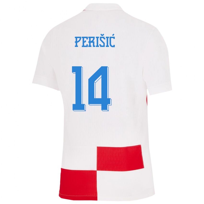 Hombre Camiseta Croacia Ivan Perisic #14 Blanco Rojo 1ª Equipación 24-26 La Camisa