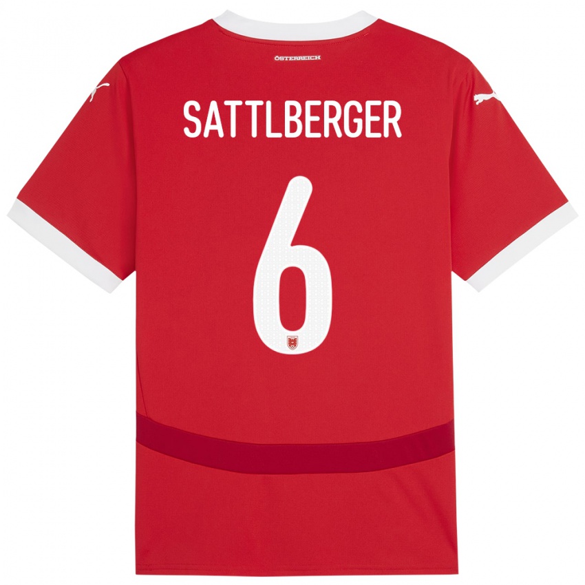 Hombre Camiseta Austria Nikolas Sattlberger #6 Rojo 1ª Equipación 24-26 La Camisa