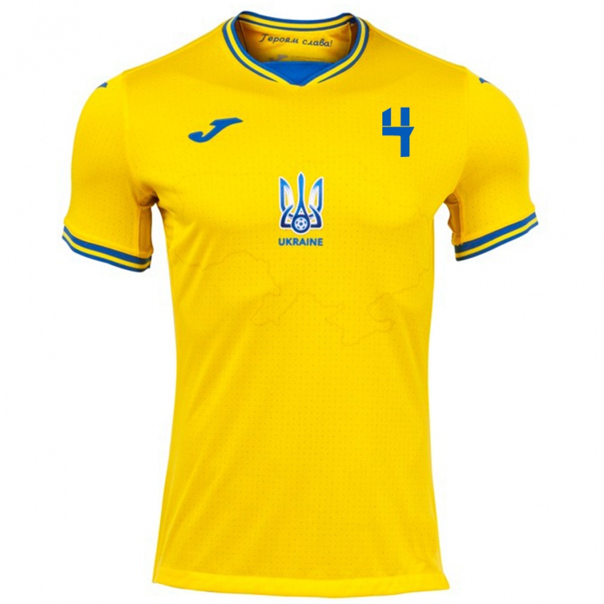 Hombre Camiseta Ucrania Maksym Barshak #4 Amarillo 1ª Equipación 24-26 La Camisa