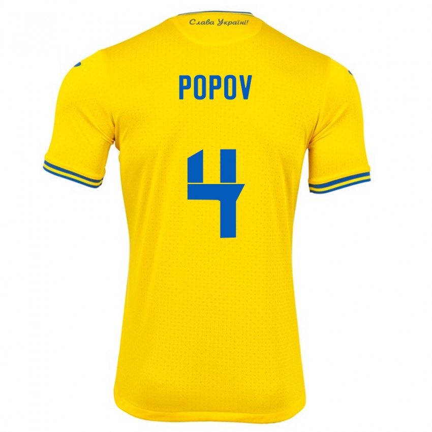 Hombre Camiseta Ucrania Denys Popov #4 Amarillo 1ª Equipación 24-26 La Camisa