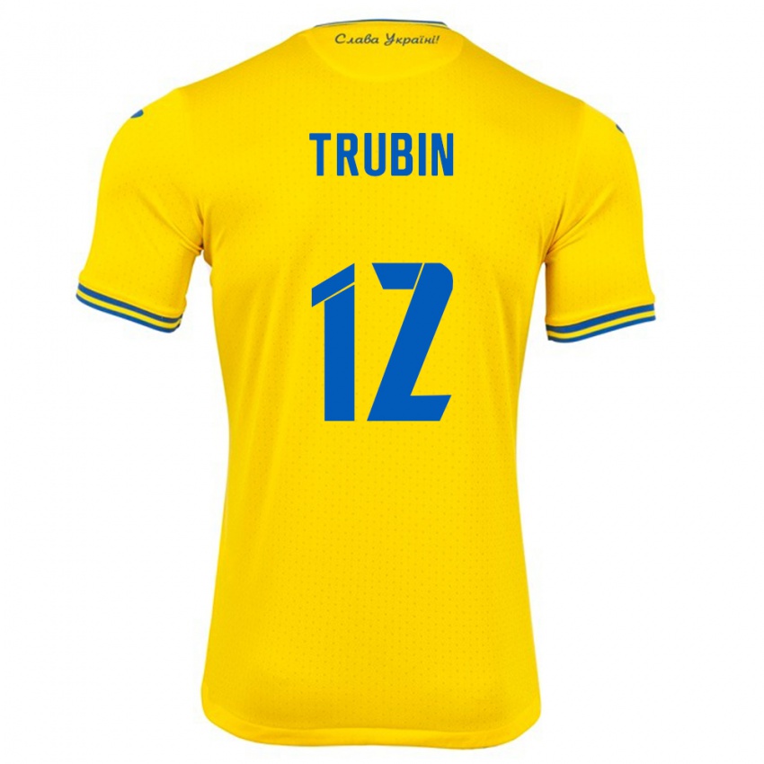 Hombre Camiseta Ucrania Anatoliy Trubin #12 Amarillo 1ª Equipación 24-26 La Camisa