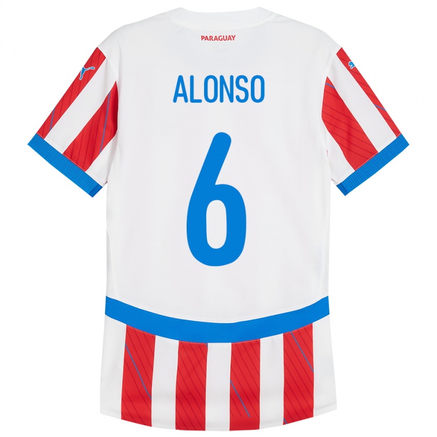 Hombre Camiseta Paraguay Júnior Alonso #6 Blanco Rojo 1ª Equipación 24-26 La Camisa