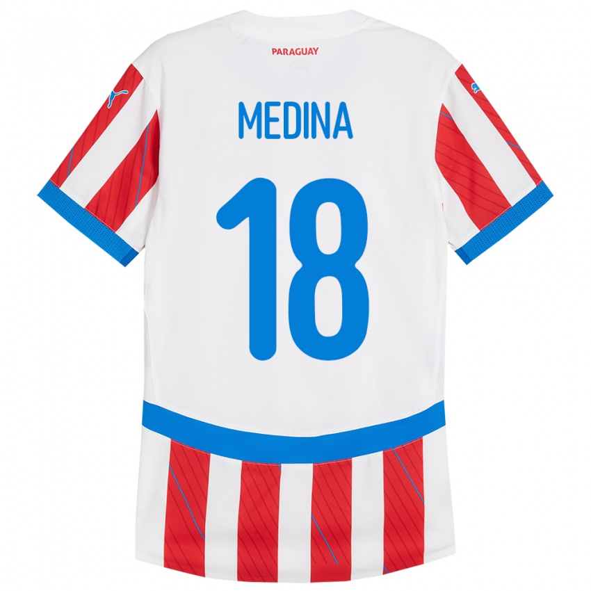 Hombre Camiseta Paraguay Jesús Medina #18 Blanco Rojo 1ª Equipación 24-26 La Camisa