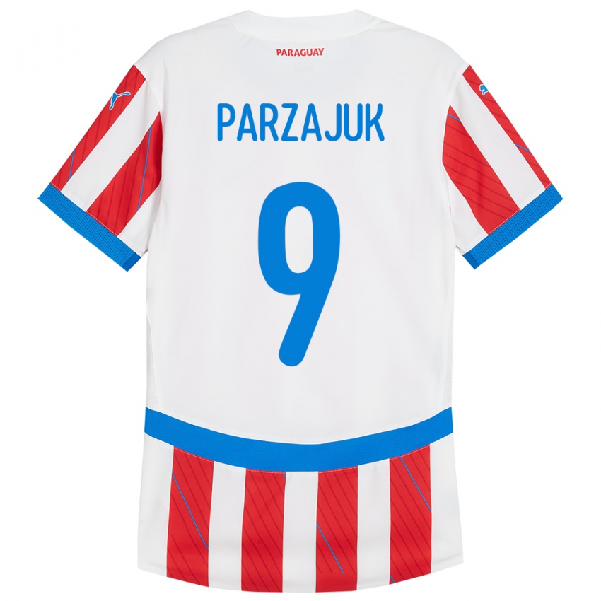 Hombre Camiseta Paraguay Kevin Parzajuk #9 Blanco Rojo 1ª Equipación 24-26 La Camisa