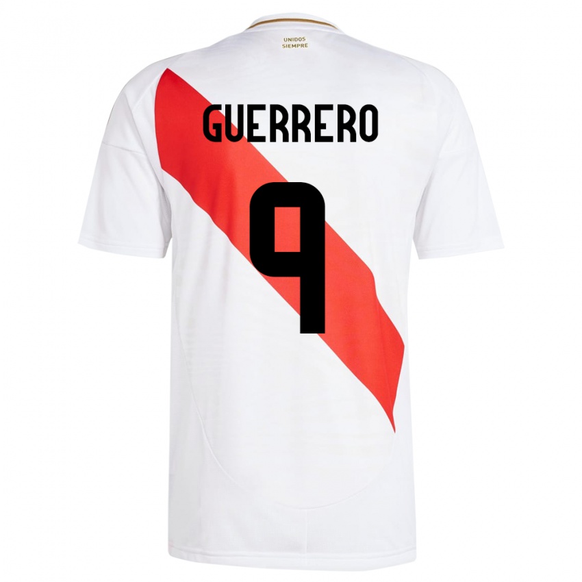 Hombre Camiseta Perú Paolo Guerrero #9 Blanco 1ª Equipación 24-26 La Camisa