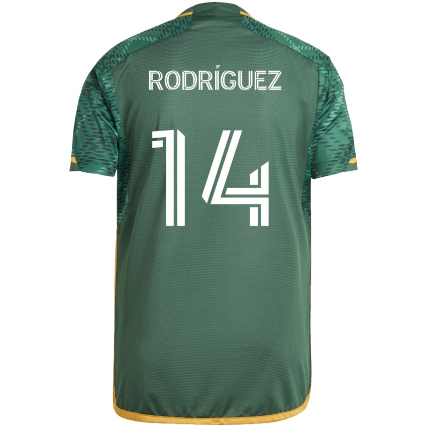 Niño Camiseta Jonathan Rodriguez #14 Verde Naranja 1ª Equipación 2024/25 La Camisa