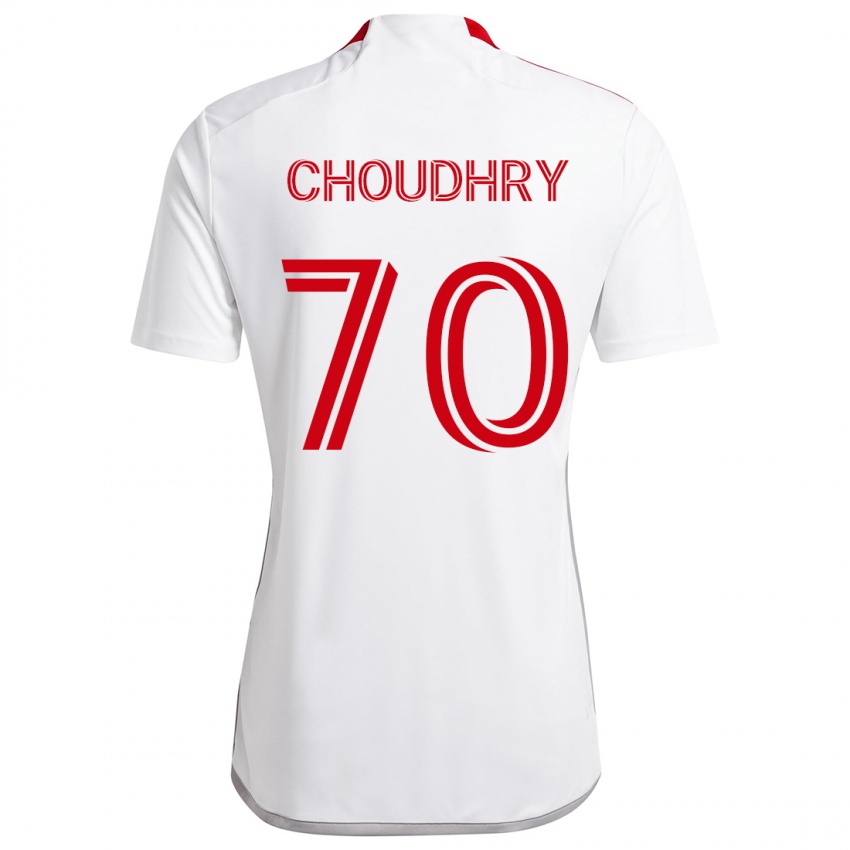 Niño Camiseta Benjamin Choudhry #70 Blanco Rojo 2ª Equipación 2024/25 La Camisa