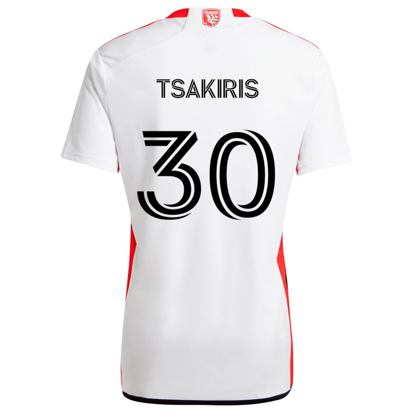 Niño Camiseta Niko Tsakiris #30 Blanco Rojo 2ª Equipación 2024/25 La Camisa