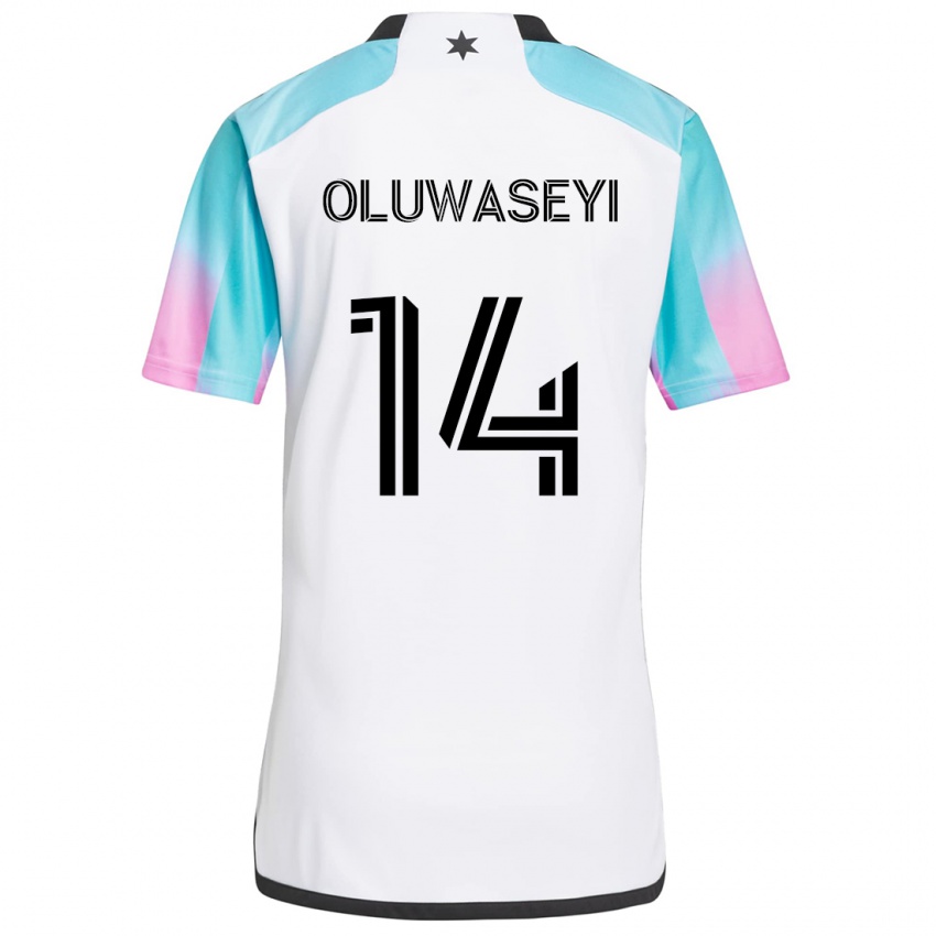 Niño Camiseta Tani Oluwaseyi #14 Blanco Azul Negro 2ª Equipación 2024/25 La Camisa