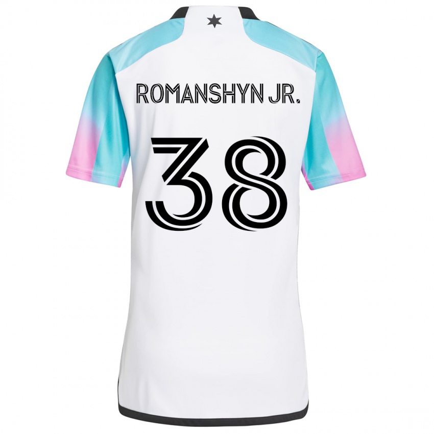 Niño Camiseta Kage Romanshyn Jr. #38 Blanco Azul Negro 2ª Equipación 2024/25 La Camisa