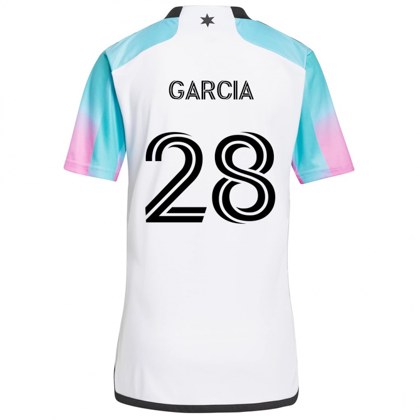 Niño Camiseta Mender García #28 Blanco Azul Negro 2ª Equipación 2024/25 La Camisa