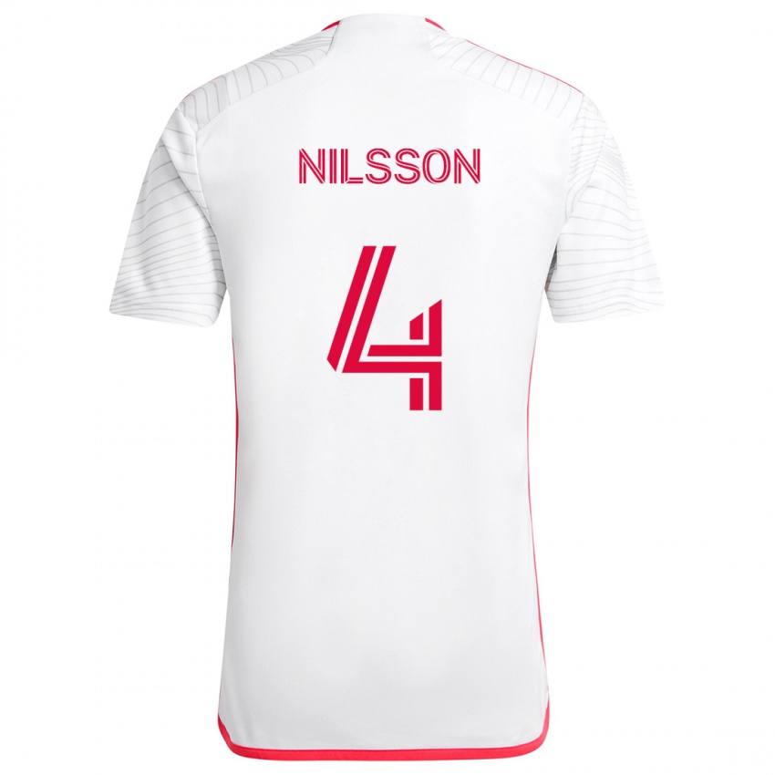 Niño Camiseta Joakim Nilsson #4 Blanco Rojo 2ª Equipación 2024/25 La Camisa