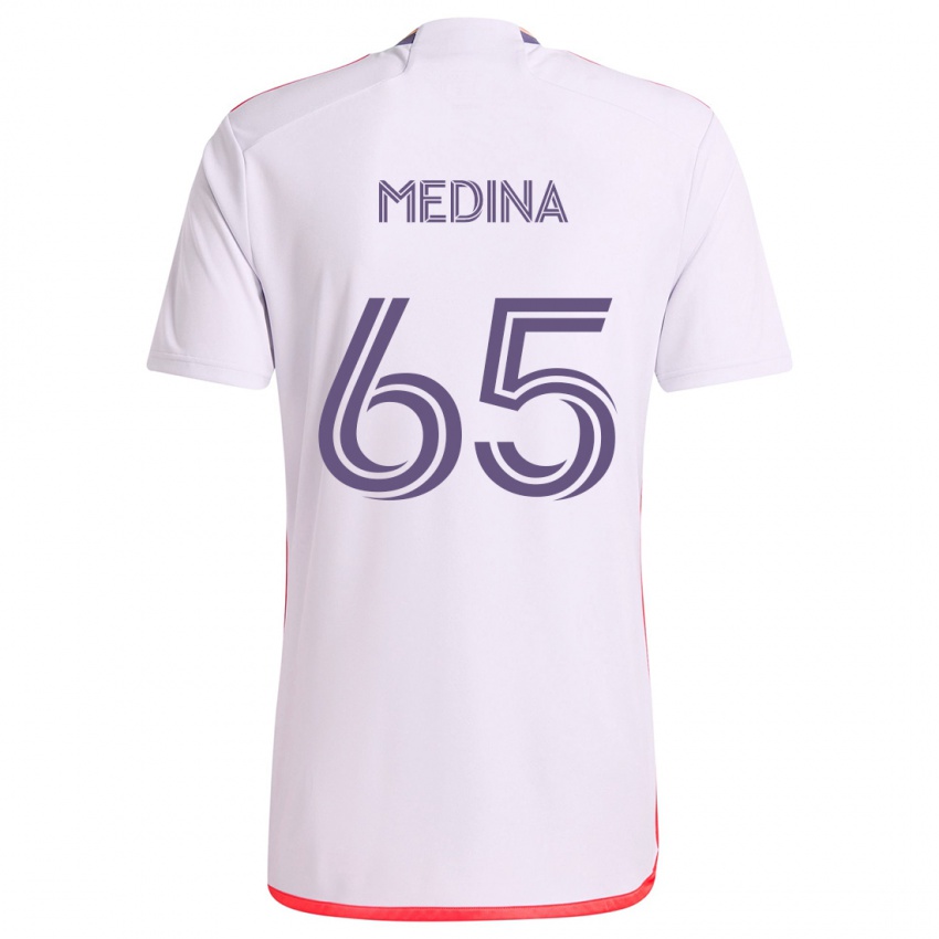 Niño Camiseta Cristian Medina #65 Blanco Rojo Púrpura 2ª Equipación 2024/25 La Camisa