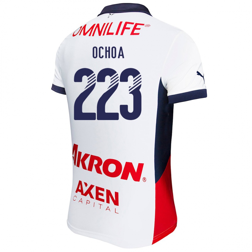 Hombre Camiseta Diego Ochoa #223 Blanco Rojo Azul 2ª Equipación 2024/25 La Camisa