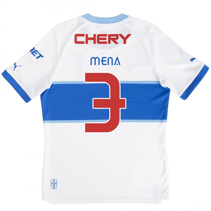 Mujer Camiseta Eugenio Mena #3 Blanco Azul 1ª Equipación 2024/25 La Camisa