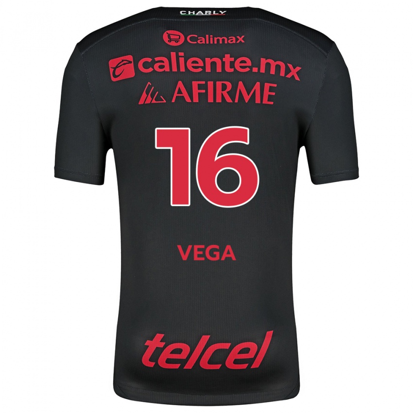 Niño Camiseta Jesús Vega #16 Negro Rojo 1ª Equipación 2024/25 La Camisa