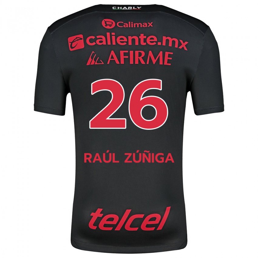 Niño Camiseta José Raúl Zúñiga #26 Negro Rojo 1ª Equipación 2024/25 La Camisa