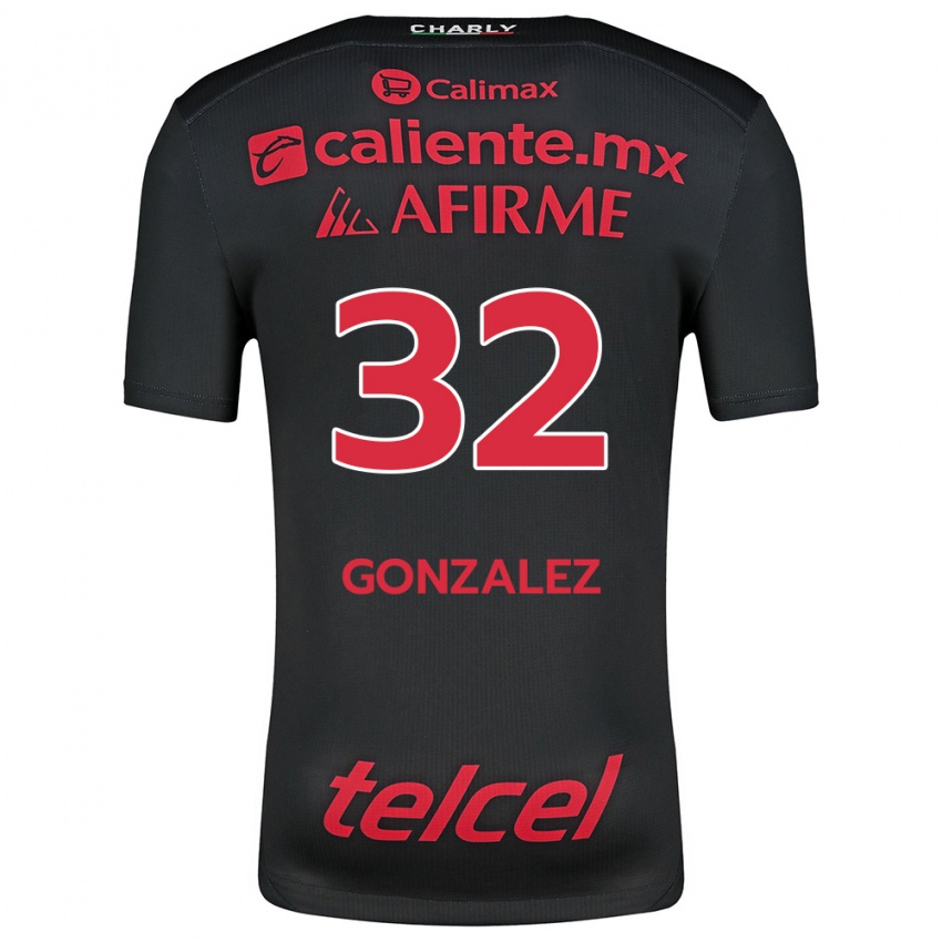 Niño Camiseta Carlos Gonzalez #32 Negro Rojo 1ª Equipación 2024/25 La Camisa