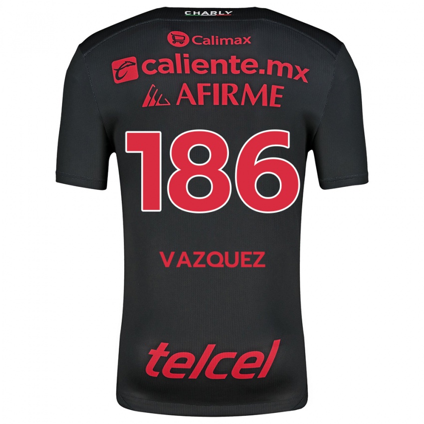 Niño Camiseta Octavio Vázquez #186 Negro Rojo 1ª Equipación 2024/25 La Camisa