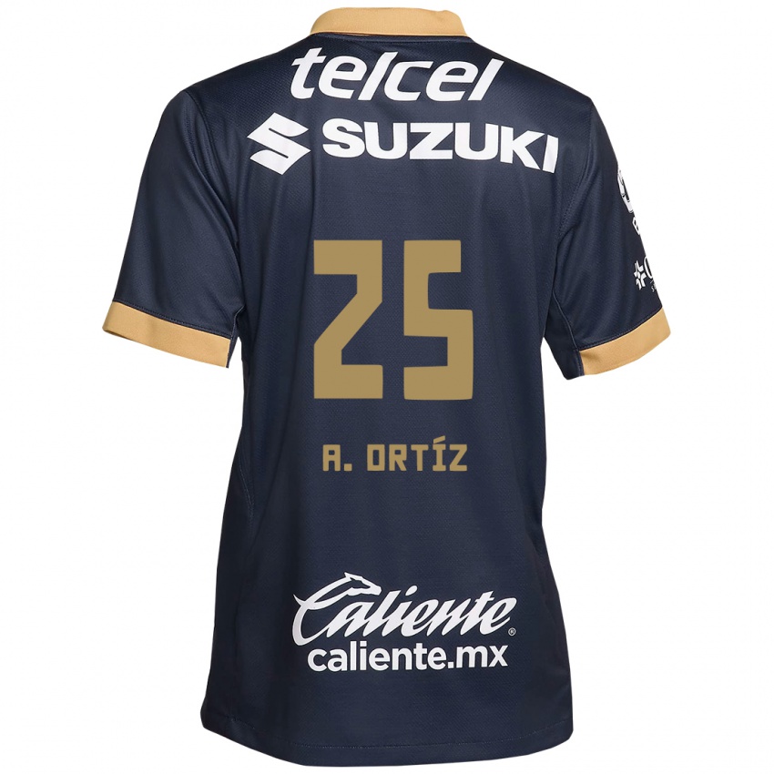 Niño Camiseta Arturo Ortiz #25 Obsidiana Dorada Blanca 2ª Equipación 2024/25 La Camisa