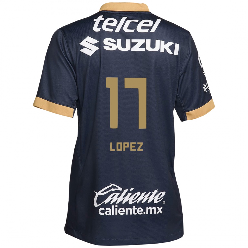 Niño Camiseta Leonel Lopez #17 Obsidiana Dorada Blanca 2ª Equipación 2024/25 La Camisa