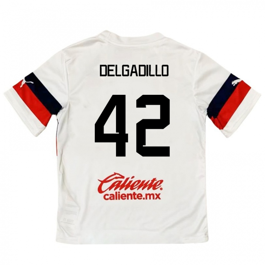 Niño Camiseta Diego Delgadillo #42 Blanco Rojo 2ª Equipación 2024/25 La Camisa