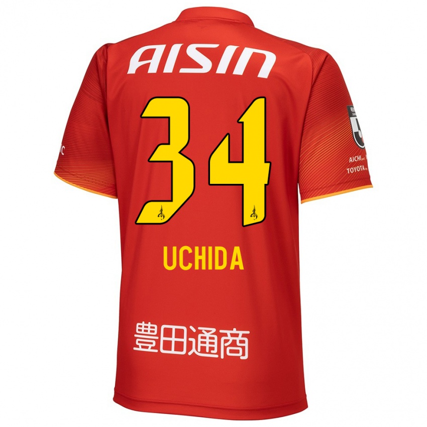 Hombre Camiseta Takuya Uchida #34 Rojo Blanco Amarillo 1ª Equipación 2024/25 La Camisa