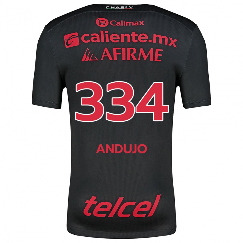 Hombre Camiseta Favio Andujo #334 Negro Rojo 1ª Equipación 2024/25 La Camisa