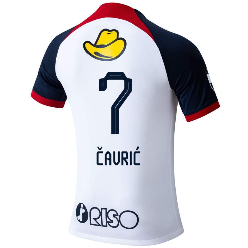 Hombre Camiseta Aleksandar Cavric #7 Blanco Azul Rojo 2ª Equipación 2024/25 La Camisa