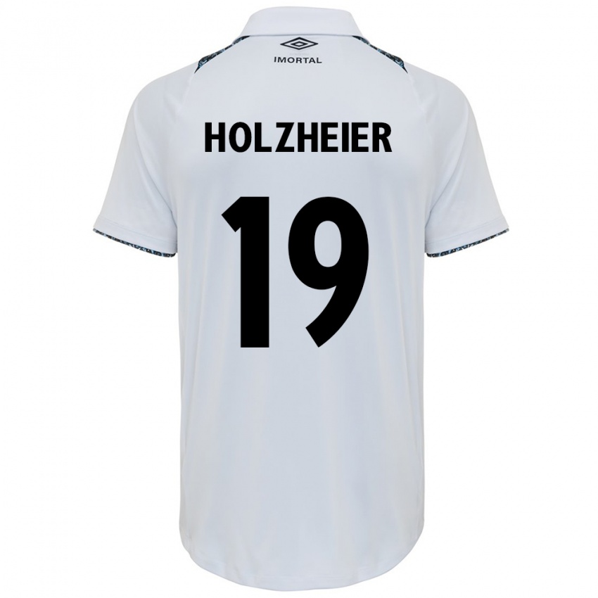 Mujer Camiseta Agostina Holzheier #19 Blanco Azul 2ª Equipación 2024/25 La Camisa