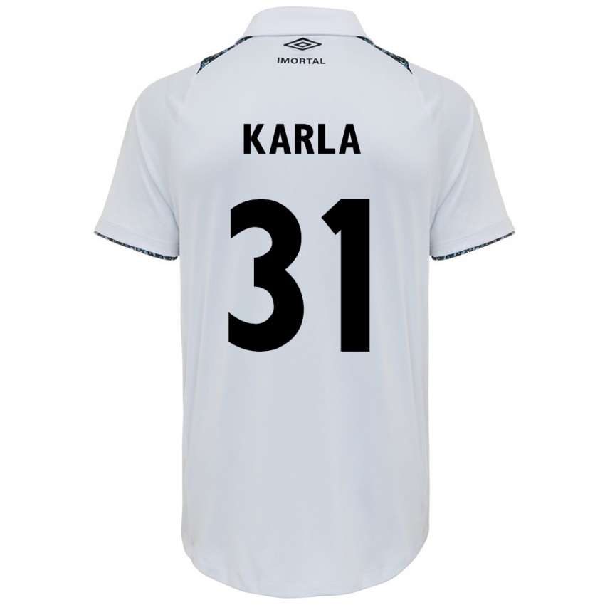 Mujer Camiseta Emmily Karla #31 Blanco Azul 2ª Equipación 2024/25 La Camisa