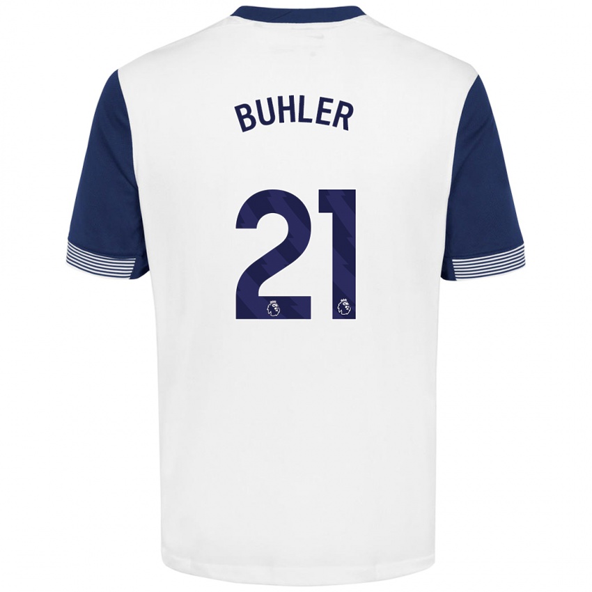 Niño Camiseta Luana Bühler #21 Blanco Azul 1ª Equipación 2024/25 La Camisa