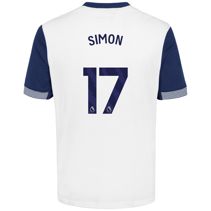 Niño Camiseta Kyah Simon #17 Blanco Azul 1ª Equipación 2024/25 La Camisa