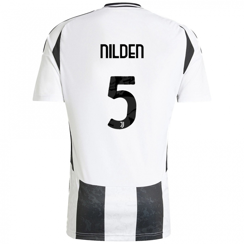 Niño Camiseta Amanda Nilden #5 Blanco Negro 1ª Equipación 2024/25 La Camisa